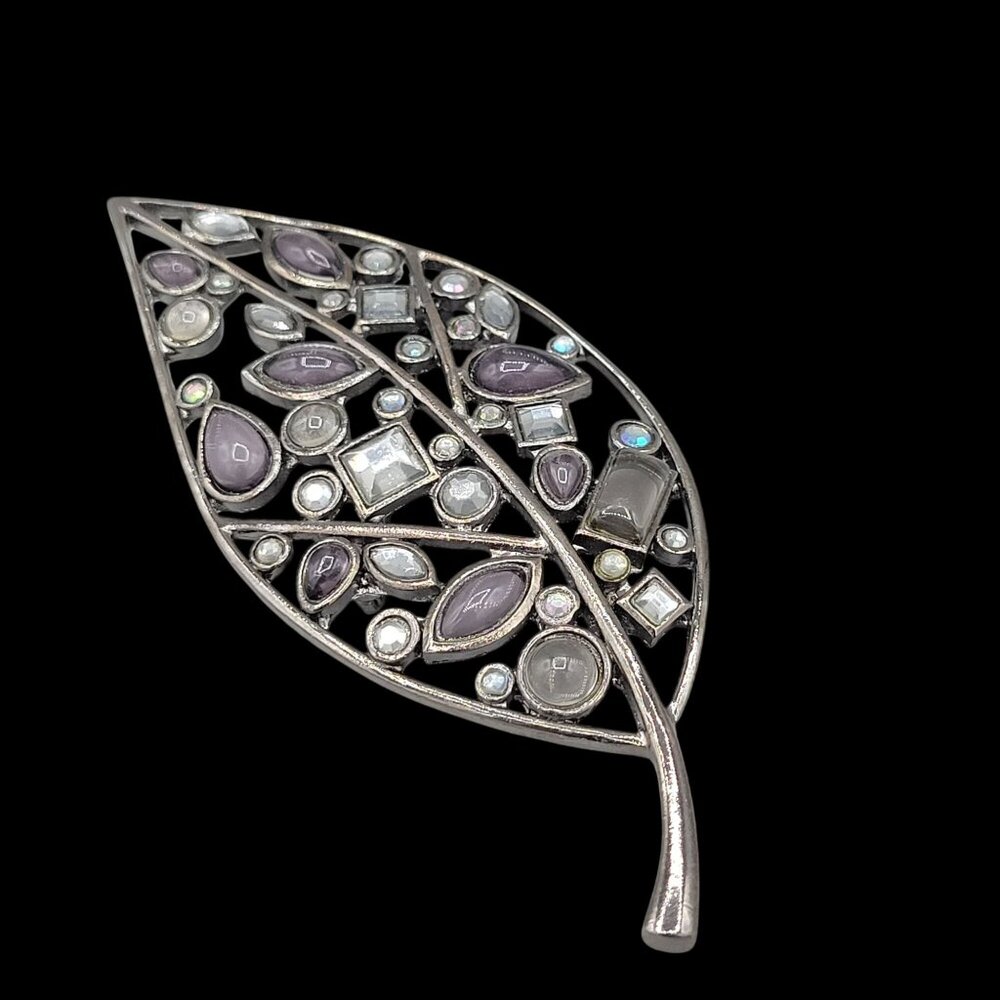 Vintage Laila Rowe Large Leaf Shaped Brooch Gunmetal Black Rhinestones